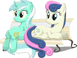 Size: 370x279 | Tagged: safe, artist:rockingscorpion, imported from derpibooru, bon bon, lyra heartstrings, sweetie drops, earth pony, pony, unicorn, bench, duo, female, mare, pixel art, simple background, sitting, sitting lyra, transparent background