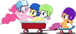 Size: 448x201 | Tagged: safe, artist:rockingscorpion, imported from derpibooru, apple bloom, pinkie pie, scootaloo, sweetie belle, earth pony, pegasus, pony, unicorn, the cutie mark chronicles, cutie mark crusaders, female, filly, foal, helmet, mare, pixel art, scooter, simple background, transparent background, wagon