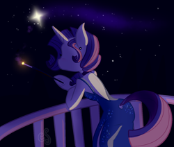 Size: 1256x1064 | Tagged: safe, artist:cutiesparke, imported from derpibooru, rarity, semi-anthro, unicorn, alternate hairstyle, backless, balcony, cigarette, cigarette holder, clothes, dress, ear piercing, earring, female, horn, jewelry, piercing, shooting star, solo, sparkles, stars, tail, tail hole