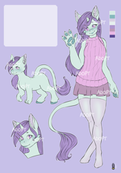Size: 2039x2893 | Tagged: safe, artist:natt333, imported from derpibooru, oc, anthro, cat, hybrid, original species, pony, unguligrade anthro, unicorn, adoptable, clothes, community related, female, hooves, horn, leonine tail, mare, paw pads, paws, reference sheet, small horn, stockings, tail, thigh highs
