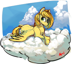 Size: 2187x1925 | Tagged: safe, artist:alumx, imported from derpibooru, oc, oc only, oc:golden mare, pegasus, pony, cloud, female, looking at you, lying down, lying on a cloud, mare, not spitfire, on a cloud, prone, simple background, solo, transparent background