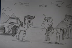 Size: 1812x1214 | Tagged: safe, artist:ricky47, imported from derpibooru, shining armor, oc, oc:scar, earth pony, pony, unicorn, armor, car, farewell, looking at each other, looking at someone, nissan, nissan gt-r, police car, royal guard, salute, traditional art