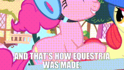 Size: 400x225 | Tagged: safe, edit, edited screencap, imported from derpibooru, screencap, apple bloom, pinkie pie, sweetie belle, earth pony, pony, unicorn, season 1, the cutie mark chronicles, and that's how equestria was made, animated, caption, female, filly, foal, gif, helmet, image macro, mare, text