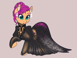 Size: 2495x1870 | Tagged: safe, artist:taytinabelle, imported from derpibooru, sunny starscout, earth pony, pony, spoiler:g5, :o, beautiful, clothes, collar, colored ear fluff, dress, ear fluff, ear piercing, earring, female, g5, gala dress, gray background, jewelry, lingerie, mare, met gala, my little pony: a new generation, open mouth, piercing, ponified, see-through, simple background, solo, stockings, vanessa hudgens, voice actor joke