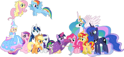 Size: 5298x2438 | Tagged: safe, artist:boogeyboy1, edit, imported from derpibooru, vector edit, applejack, fluttershy, megan williams, pinkie pie, princess cadance, princess celestia, princess luna, rainbow dash, rarity, shining armor, spike, sunset shimmer, twilight sparkle, alicorn, earth pony, human, pegasus, pony, unicorn, equestria girls, look before you sleep, season 5, the crystalling, cloak, clothes, crown, dress, dressup, female, flying, folded wings, froufrou glittery lacy outfit, glowing, glowing horn, grin, group photo, group picture, group shot, happy, hat, hennin, high res, hoof shoes, hooves, horn, jewelry, looking at each other, looking at someone, looking down, magic, male, mane seven, mane six, mare, open mouth, open smile, palindrome get, pregdance, pregnant, princess, raised hoof, regalia, simple background, smiling, smiling at each other, spread wings, stallion, standing, telekinesis, transparent background, vector, wall of tags, wings
