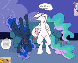 Size: 1280x1035 | Tagged: safe, artist:buggiscool, imported from derpibooru, princess celestia, princess luna, alicorn, bong, celestia is not amused, complaining, couch, drug use, drugs, food, luna is not amused, pizza, sleeping, unamused, upside down, whining