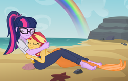 Size: 1920x1217 | Tagged: safe, artist:grapefruit-face, artist:uzzi-ponydubberx, edit, imported from derpibooru, sci-twi, sunset shimmer, twilight sparkle, human, mermaid, equestria girls, base used, beach, bikini, bikini top, blushing, clothes, duo, duo female, eyes closed, feet, female, fetish, fish tail, foot fetish, hand over mouth, hug, lesbian, lying down, mermaid tail, mermaidized, on back, rainbow, scitwishimmer, shipping, show accurate, sitting, sleeping, sleeveless, species swap, sunsetsparkle, swimsuit, tail, water