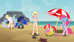 Size: 3833x2156 | Tagged: safe, artist:boogeyboy1, imported from derpibooru, apple bloom, megan williams, pinkie pie, princess celestia, princess luna, alicorn, earth pony, human, pony, beach, beach ball, bikini, clothes, flower, flower in hair, levitation, looking at you, magic, one-piece swimsuit, playful, playing, swimsuit, telekinesis, tied hair, umbrella