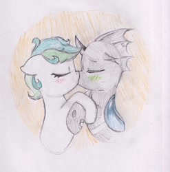 Size: 2290x2318 | Tagged: safe, artist:foxtrot3, imported from derpibooru, oc, oc only, oc:karakusa, oc:whistle, changeling, earth pony, pony, blushing, changeling oc, duo, eyes closed, female, filly, foal, kissing, traditional art