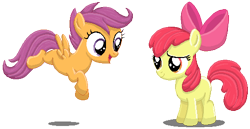 Size: 500x258 | Tagged: safe, artist:rockingscorpion, imported from derpibooru, apple bloom, scootaloo, earth pony, pegasus, pony, apple bloom's bow, blank flank, bow, duo, female, filly, foal, hair bow, pixel art, simple background, transparent background
