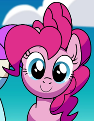 Size: 245x316 | Tagged: safe, artist:fera animations, imported from derpibooru, pinkie pie, earth pony, pony, bandage, cloud, female, hair bun, looking at you, mare, pibby, sky, smiling, youtube link