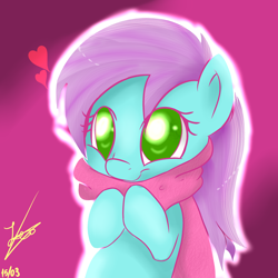 Size: 3000x3000 | Tagged: safe, artist:reinbou, imported from derpibooru, oc, earth pony, pony, clothes, green eyes, pink background, scarf, simple background, solo