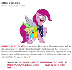 Size: 349x335 | Tagged: safe, imported from derpibooru, pinkie pie, earth pony, pony, fanfic:cupcakes, 2011, brony history, clothes, cutie mark dress, dress, horn, looking at you, sethisto, smiling, text, vulgar, wings