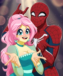 Size: 2846x3427 | Tagged: safe, artist:ameliacostanza, imported from derpibooru, fluttershy, human, equestria girls, breasts, busty fluttershy, cleavage, clothes, crossover, dress, female, male, marvel, spider-man