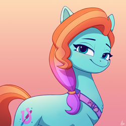 Size: 1000x1000 | Tagged: safe, artist:luminousdazzle, imported from derpibooru, earth pony, pony, spoiler:g5, spoiler:my little pony: tell your tale, spoiler:tyts01e07, blue eyes, bust, clip trot, cute, eyebrows, fanart, female, g5, gradient background, hair tie, jazz hooves, jazzibetes, looking at you, mare, my little pony: tell your tale, signature, smiling, smiling at you, smug, solo