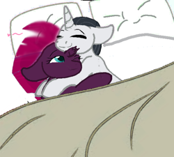 Size: 584x525 | Tagged: safe, artist:decokenite, artist:madzbases, imported from derpibooru, chancellor neighsay, fizzlepop berrytwist, tempest shadow, pony, unicorn, bed, eyes closed, female, heart, in bed, looking at someone, male, mare, shipping, snuggling, stallion, straight, tempest neighsay