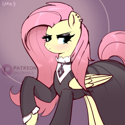 Size: 3000x3000 | Tagged: safe, artist:xjenn9, imported from derpibooru, fluttershy, pegasus, pony, aside glance, blushing, clothes, dress, ear piercing, female, fluttergoth, folded wings, goth, high res, lidded eyes, looking at you, mare, piercing, raised hoof, solo, standing, three quarter view, wings