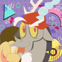 Size: 1280x1280 | Tagged: safe, imported from derpibooru, discord, draconequus, a matter of principals, '90s, abstract background, cap, hat, horns, how do you do fellow kids, male, retro, solo, tongue out
