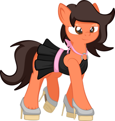 Size: 1920x2034 | Tagged: safe, artist:alexdti, imported from derpibooru, oc, oc only, oc:robertapuddin, earth pony, pony, clothes, crossdressing, dress, earth pony oc, eyeshadow, femboy, full body, high heels, hoof shoes, hooves, lidded eyes, makeup, male, raised leg, shoes, simple background, smiling, solo, stallion, tail, transparent background