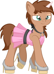 Size: 1920x2653 | Tagged: safe, artist:alexdti, imported from derpibooru, oc, oc only, oc:heroic armour, pony, unicorn, clothes, crossdressing, dress, eyeshadow, femboy, full body, high heels, high res, hoof shoes, hooves, horn, lidded eyes, makeup, male, raised leg, shoes, simple background, smiling, solo, stallion, tail, transparent background, unicorn oc