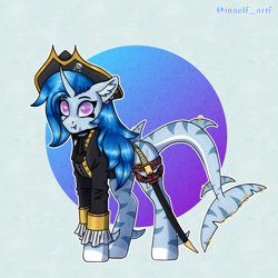 Size: 3669x3669 | Tagged: safe, artist:ingolf arts, imported from derpibooru, oc, oc only, oc:pearl wave, original species, pony, shark, shark pony, unicorn, clothes, cutlass, digital art, ear fluff, ear piercing, earring, female, fish tail, hat, high res, horn, jewelry, looking at you, mare, piercing, pirate, pirate hat, simple background, smiling, solo, sword, tail, weapon