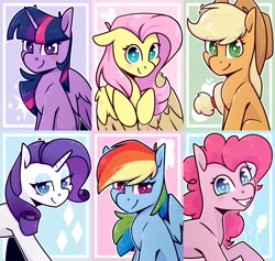 Size: 4096x3876 | Tagged: safe, artist:jellysketch, imported from derpibooru, applejack, fluttershy, pinkie pie, rainbow dash, rarity, twilight sparkle, alicorn, earth pony, pegasus, pony, unicorn, applejack's hat, blush sticker, blushing, bust, cowboy hat, cute, cutie mark background, female, floppy ears, grin, hat, high res, hooves to the chest, looking at you, mane six, mare, outline, partially open wings, raised hoof, smiling, twilight sparkle (alicorn), white outline, wings