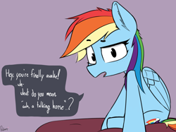 Size: 3272x2448 | Tagged: safe, artist:pinkberry, imported from derpibooru, rainbow dash, pegasus, pony, concerned, dialogue, freckles, offscreen character, sitting, solo focus, speech bubble, talking, talking to viewer, text, you're finally awake