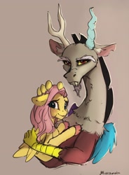 Size: 2568x3480 | Tagged: safe, artist:miokomata, imported from derpibooru, discord, fluttershy, draconequus, pegasus, pony, aside glance, bust, colored hooves, discoshy, duo, duo male and female, eye clipping through hair, female, floppy ears, folded wings, freckles, freckleshy, frown, gradient background, hand on head, high res, holding a pony, hug, looking at you, male, mare, shipping, signature, simple background, smiling, smiling at you, straight, wings