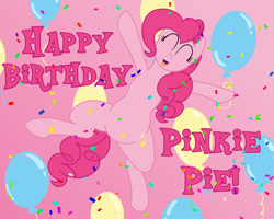 Size: 5000x4000 | Tagged: safe, artist:legendoflink, imported from derpibooru, pinkie pie, earth pony, pony, balloon, birthday, confetti, cute, diapinkes, eyes closed, gradient background, happy birthday, jumping, open mouth, smiling, solo, text