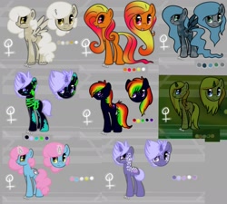 Size: 2000x1798 | Tagged: safe, artist:ifoopets, artist:vernorexia, imported from derpibooru, oc, oc:cotton candy, oc:cottonwood, oc:peach sorbet, oc:skittles, oc:spray paint, unnamed oc, earth pony, pegasus, pony, unicorn, adoptable, base used, black coat, body markings, coat markings, dappled, digital art, female, freckles, free, g4, glowing, glowing horn, horn, jewelry, markings, missing cutie mark, necklace, oekaki, old art, random, random pony, reference sheet, show accurate, spots, spotted, stripes