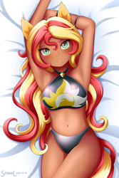 Size: 1200x1800 | Tagged: safe, artist:symbianl, imported from derpibooru, sunset shimmer, human, equestria girls, armpits, beach shorts swimsuit, belly button, bikini, bikini top, breasts, clothes, eared humanization, female, human coloration, looking at you, pony ears, smiling, smiling at you, solo, stupid sexy sunset shimmer, sunset shimmer's beach shorts swimsuit, swimsuit, tanned