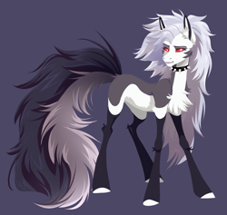 Size: 5600x5306 | Tagged: safe, artist:1an1, imported from derpibooru, demon, demon pony, earth pony, hellhound, pony, absurd resolution, chest fluff, collar, crossover, ear fluff, fangs, female, grey hair, hellhound pony, helluva boss, hooves, long hair, long tail, looking back, loona (helluva boss), mane, mare, pale belly, ponified, red sclera, side view, simple background, solo, spiked collar, tail, teeth, white eyes