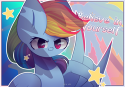 Size: 2300x1600 | Tagged: safe, artist:miryelis, imported from derpibooru, rainbow dash, pegasus, pony, colorful, female, gradient background, looking at you, mare, multicolored hair, positive ponies, rainbow hair, signature, smiling, smiling at you, solo, stars, text, wings