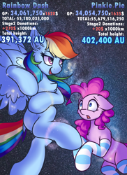 Size: 1600x2200 | Tagged: safe, artist:ravistdash, imported from derpibooru, pinkie pie, rainbow dash, pony, clothes, female, flying, galaxy, giantess, growth drive, macro, smiling, smirk, socks, space, striped socks, text