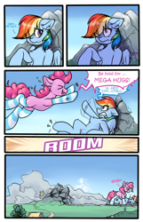 Size: 1800x2800 | Tagged: safe, artist:ravistdash, imported from derpibooru, pinkie pie, rainbow dash, earth pony, pegasus, pony, ><, canterlot, chest fluff, clothes, destruction, dialogue, eyes closed, female, flying, galaxy, giant pinkie pie, giant rainbow dash, giantess, growth drive, hug, macro, mountain, sitting, smiling, smirk, socks, space, striped socks, text