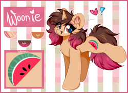 Size: 3040x2204 | Tagged: safe, artist:woonborg, imported from derpibooru, oc, oc:woonie, unicorn, chest fluff, ear fluff, eyeshadow, food, makeup, reference sheet, solo, watermelon