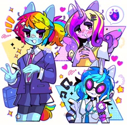 Size: 2048x2021 | Tagged: safe, artist:jack0ran, imported from derpibooru, dj pon-3, princess cadance, rainbow dash, vinyl scratch, alicorn, anthro, unicorn, blushing, clothes, cute, cutedance, dashabetes, earbuds, ears, female, hairpin, heart, horn, music notes, necktie, peace sign, pictogram, ponytail, school uniform, shirt, skirt, smiling, speech bubble, stars, vinylbetes, wings