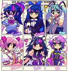 Size: 1955x2048 | Tagged: safe, artist:jack0ran, imported from derpibooru, sci-twi, twilight sparkle, human, six fanarts, equestria girls, anarchy stocking, angel, anime, annoyed, blushing, bowtie, bracelet, clothes, danganronpa, danganronpa 2, dress, female, glasses, gloves, hatsune miku, heart, honekoneko, ibuki mioda, jewelry, madoka kaname, magical girl, male, open mouth, open smile, panty and stocking with garterbelt, pigtails, plushie, ponytail, project sekai, puella magi madoka magica, rui kamishiro, shirt, smiling, stars, sweat, sweatdrop, vocaloid