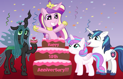 Size: 3300x2128 | Tagged: safe, artist:sweetielover, imported from derpibooru, princess cadance, princess flurry heart, queen chrysalis, shining armor, alicorn, pony, unicorn, anniversary, cake, canterlot wedding 10th anniversary, celebration, confetti, eating, female, food, g4, happy, high res, male, older, smiling, streamers