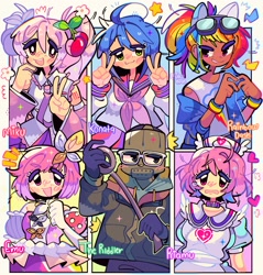 Size: 1955x2048 | Tagged: safe, artist:jack0ran, imported from derpibooru, kotobukiya, rainbow dash, human, six fanarts, anime, blushing, bow, bracelet, clothes, dark skin, dress, duct tape, ears, emu otori, female, flower, glasses, gloves, goggles, hair bow, hatsune miku, heart, humanized, idolmaster, izumi konata, jacket, jewelry, kotobukiya rainbow dash, lightning, lucky star, male, open mouth, open smile, peace sign, ponytail, project sekai, riamu yumeni, sakura miku, school uniform, shirt, smiling, stars, tanktop, tape, teary eyes, the batman (2022), the riddler, vocaloid