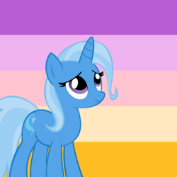 Size: 640x640 | Tagged: safe, artist:it-is-85-degrees, artist:recu153, edit, imported from derpibooru, trixie, pony, unicorn, cute, diatrixes, female, looking up, mare, pride flag, smiling, solo