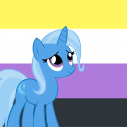 Size: 640x640 | Tagged: safe, artist:it-is-85-degrees, artist:recu153, edit, imported from derpibooru, trixie, pony, unicorn, cute, diatrixes, female, looking up, mare, nonbinary, nonbinary pride flag, pride, pride flag, smiling, solo