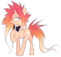 Size: 601x562 | Tagged: safe, artist:ifoopets, imported from derpibooru, oc, oc:fin, fish, merpony, original species, pony, unicorn, bowtie, mohawk, multicolored hair, orange coat, orange mane, red mane, scales, simple background, solo, spiky mane, transparent background