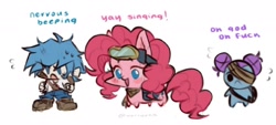 Size: 1816x820 | Tagged: safe, artist:variyuka, imported from derpibooru, pinkie pie, earth pony, human, pony, angry, bag, bandage, blushing, boyfriend, chibi, clothes, cute, dialogue, diapinkes, dusk till dawn, friday night funkin', goggles, hair bun, happy, pibby, saddle bag, scarf, smiling, sweat, text, trio, vulgar