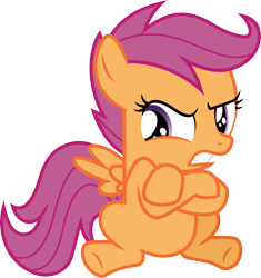 Size: 3000x3194 | Tagged: safe, artist:cloudy glow, imported from derpibooru, scootaloo, pegasus, pony, one bad apple, .ai available, angry, crossed hooves, cute, cutealoo, female, filly, foal, frown, high res, madorable, simple background, sitting, small wings, solo, spread wings, teeth, transparent background, vector, wings