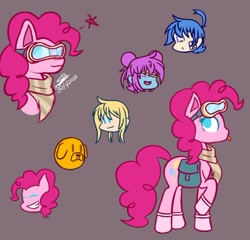 Size: 540x519 | Tagged: safe, artist:corruption-quintet, imported from derpibooru, pinkie pie, dog, earth pony, human, pony, :p, adventure time, bag, bandage, boyfriend, clothes, crossover, dusk till dawn, finn the human, friday night funkin', goggles, hair bun, jake the dog, pibby, saddle bag, scarf, smiling, socks, stars, tongue out