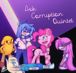 Size: 540x519 | Tagged: safe, artist:corruption-quintet, imported from derpibooru, pinkie pie, dog, earth pony, human, pony, adventure time, ask, bandage, boyfriend, clothes, crossover, dusk till dawn, eyepatch, finn the human, friday night funkin', jake the dog, one eye closed, pibby, scarf, smiling, socks, wink