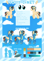 Size: 2529x3500 | Tagged: safe, imported from derpibooru, oc, oc only, oc:turbo swifter, pegasus, clothes, color palette, cutie mark, goggles, my little pony, pegasus oc, reference sheet, size chart, size comparison, uniform, wonderbolts uniform