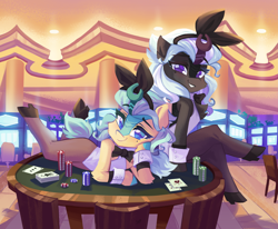 Size: 6381x5263 | Tagged: safe, artist:saxopi, imported from derpibooru, oc, oc only, oc:jinx kurai, oc:misty showers, kirin, semi-anthro, absurd resolution, arm hooves, bowtie, bunny ears, bunny suit, casino, chair, clothes, cuffs, kirin oc, leggings, poker table, slot machine