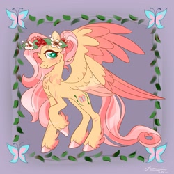 Size: 1915x1915 | Tagged: safe, artist:creeate97, imported from derpibooru, fluttershy, pegasus, pony, alternate cutie mark, alternate hairstyle, aside glance, cheek fluff, chest fluff, colored wings, feathered fetlocks, female, floral head wreath, flower, fluttershy day, looking at you, mare, raised hoof, smiling, solo, spread wings, standing, two toned wings, unshorn fetlocks, wings